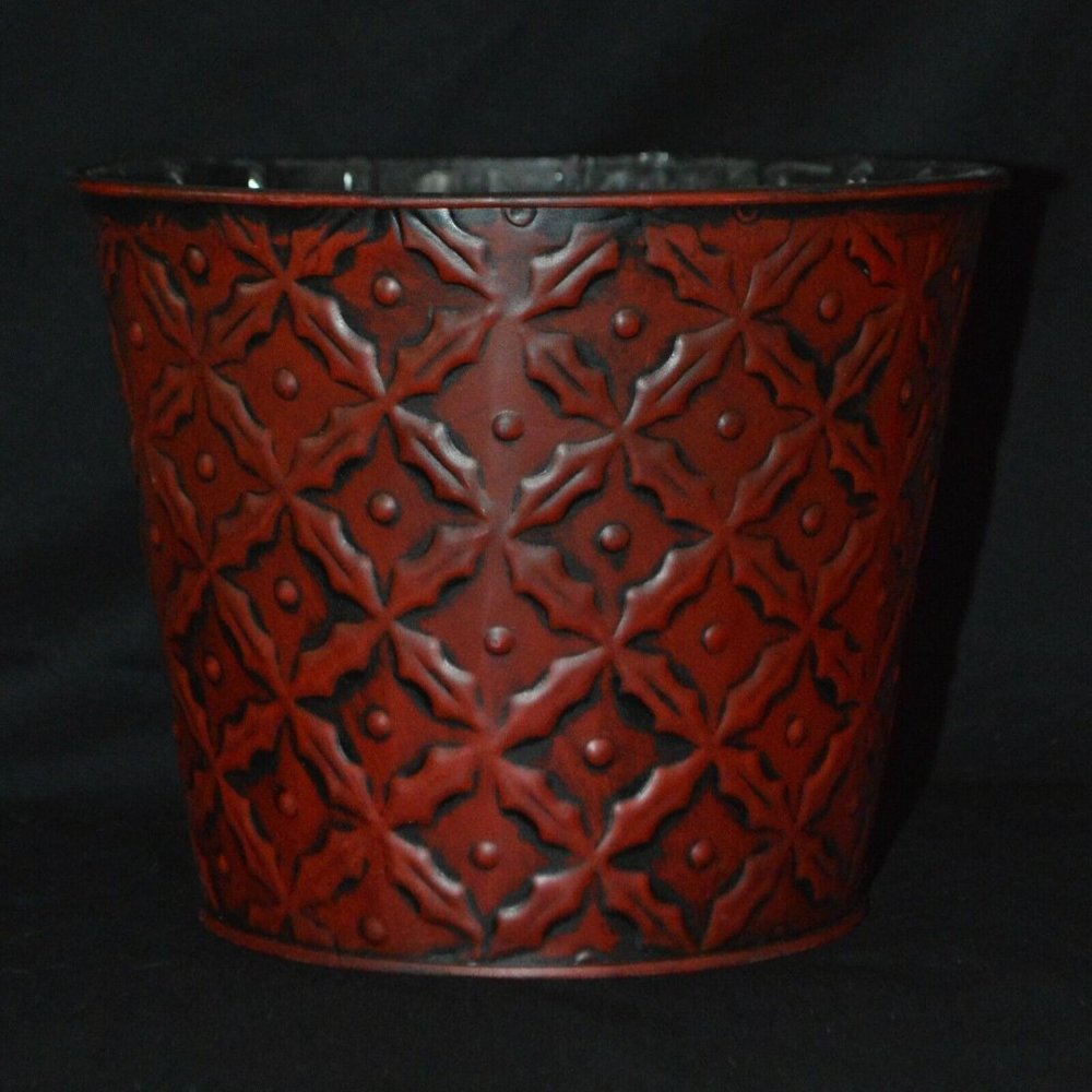 McCann Brothers Red Tin Planter Cachepot Flower Pot Holder 5 1/4 in Lined - Picture 3 of 4